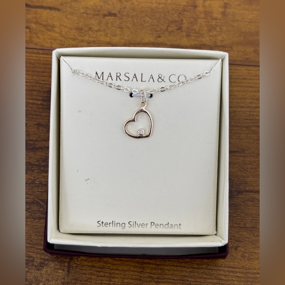 MARSALA & CO Sterling Silver Heart Pendant w/ Silver Plated Brass Chain Necklace